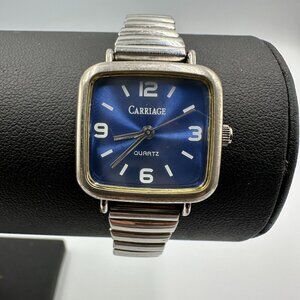 3/$30 Carriage Watch Women Silver Tone Blue Square Dial Stretch Band 6.5"